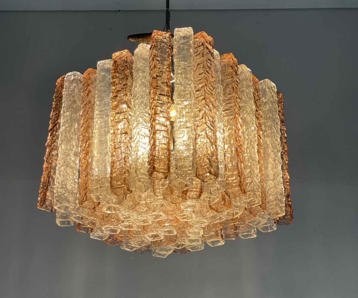 Venetian chandelier in pink and colorless Murano glass, Venini circa 1950