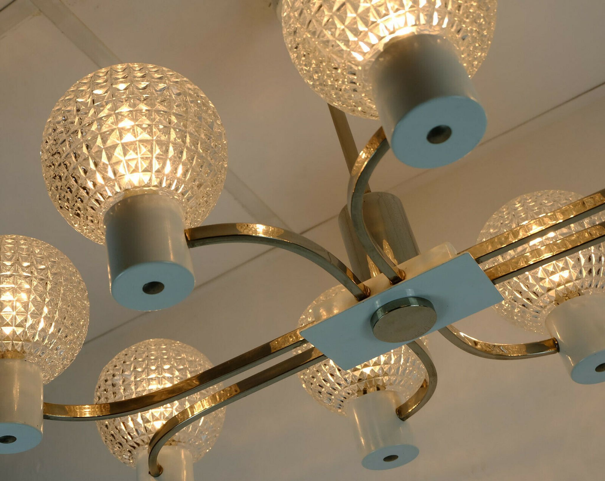 1960s mid century HANGING LAMP chrome metal chandelier with 8 glass shades