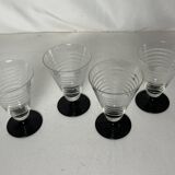Art Deco, four striped liqueur glasses on black stem circa 1930