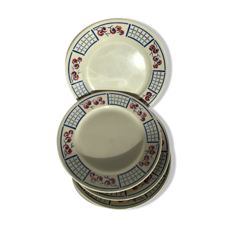 4 assiettes plates Badonviller bleu et rouge foncé