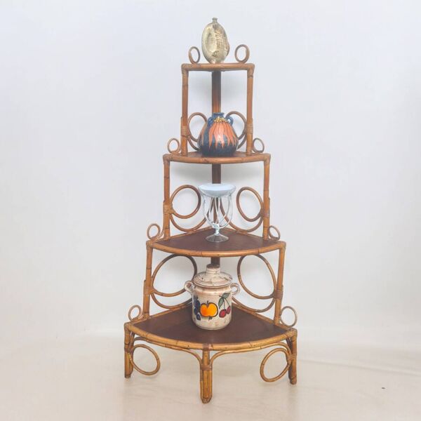 Bibliothèque étagère angle rotin bambou vintage 1960 (peacock / Emmanuelle)