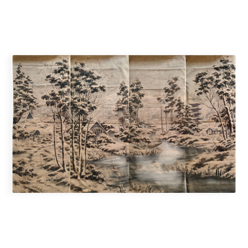 Fabric fan from the late 19th century, lake-themed in velvet flock.