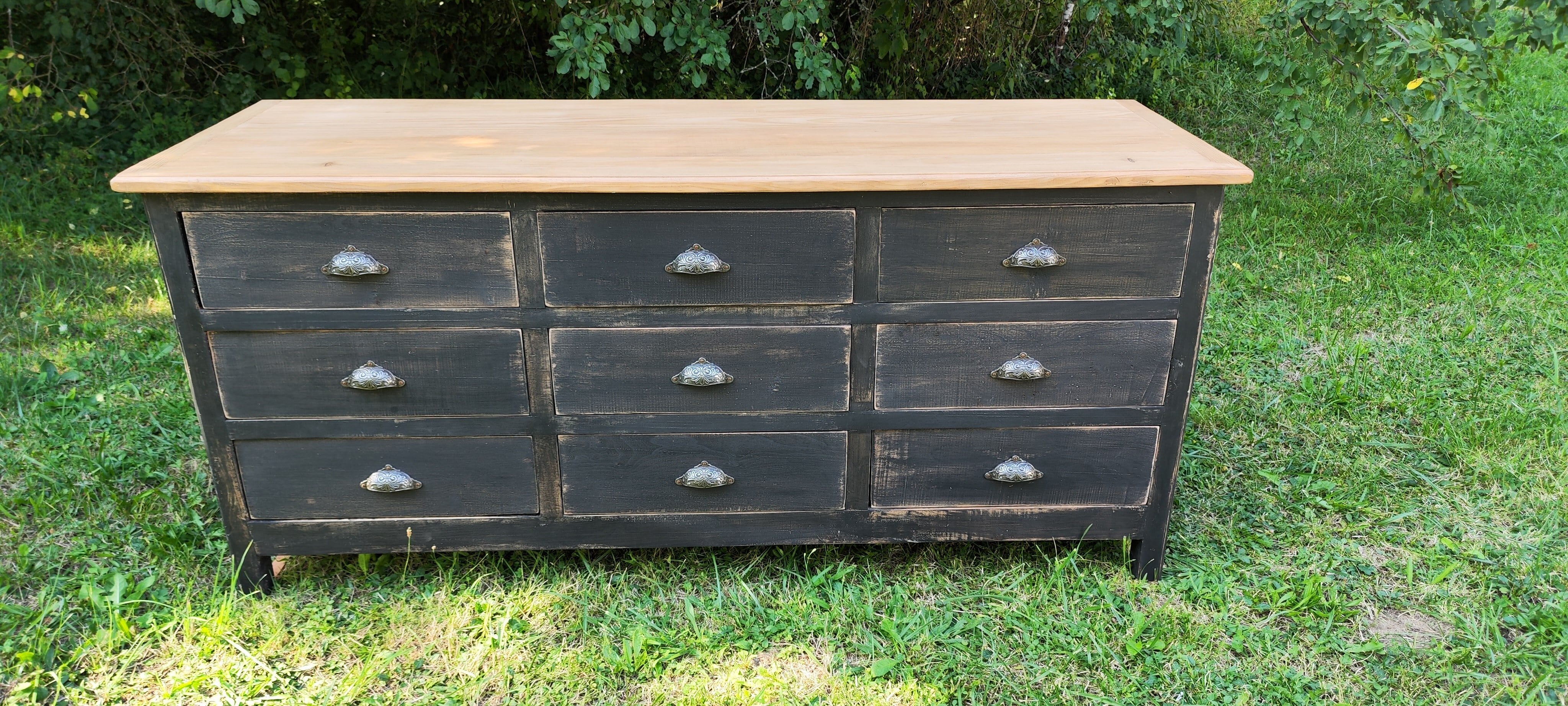 Old trading counter nine drawers black patina trade furniture