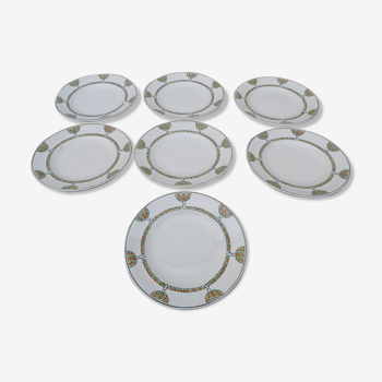 Lot de 7 assiettes plates  Longwy Art déco motif arbres