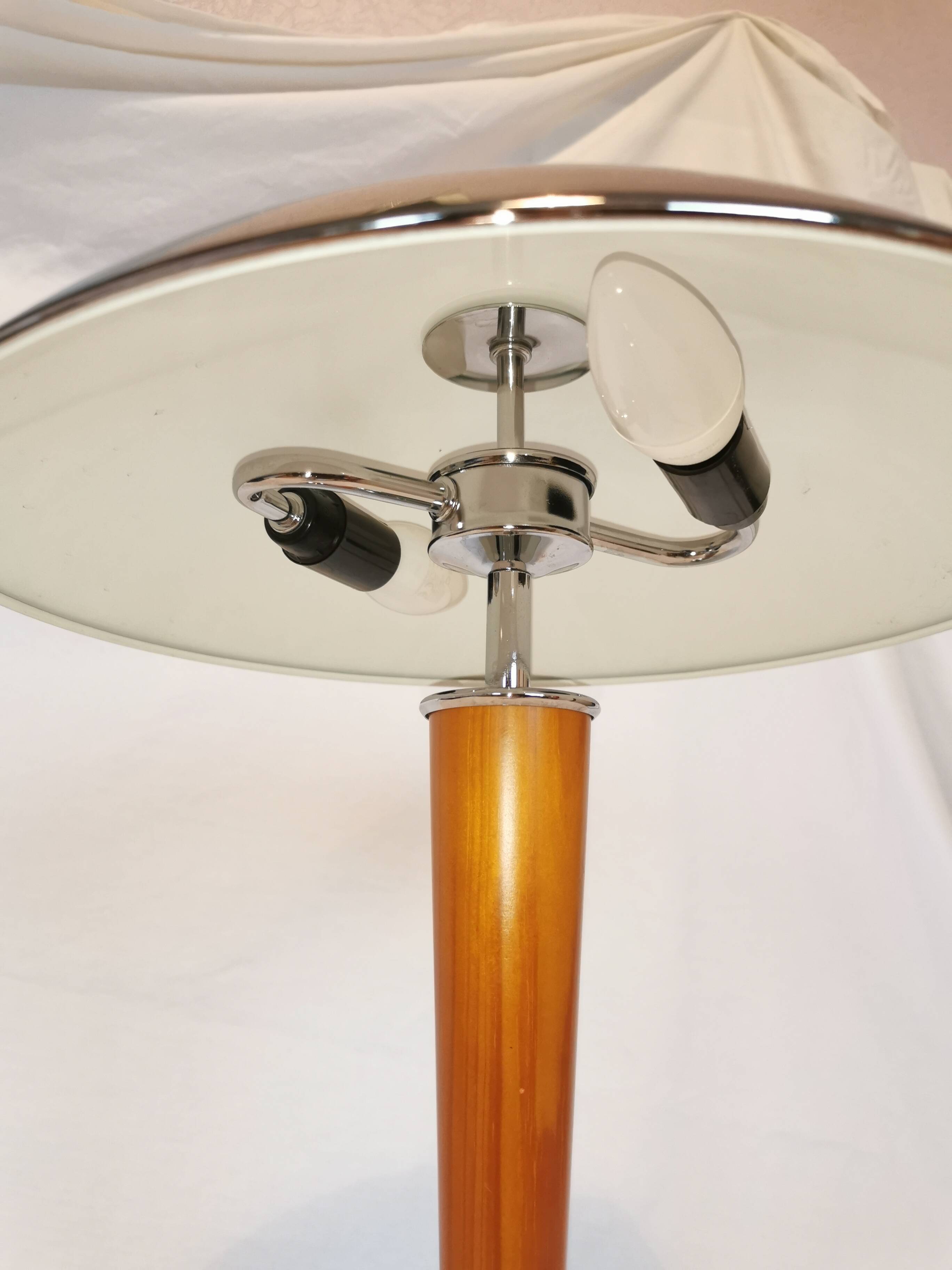 Large double bulb liner lamp, chrome and wood, 1980