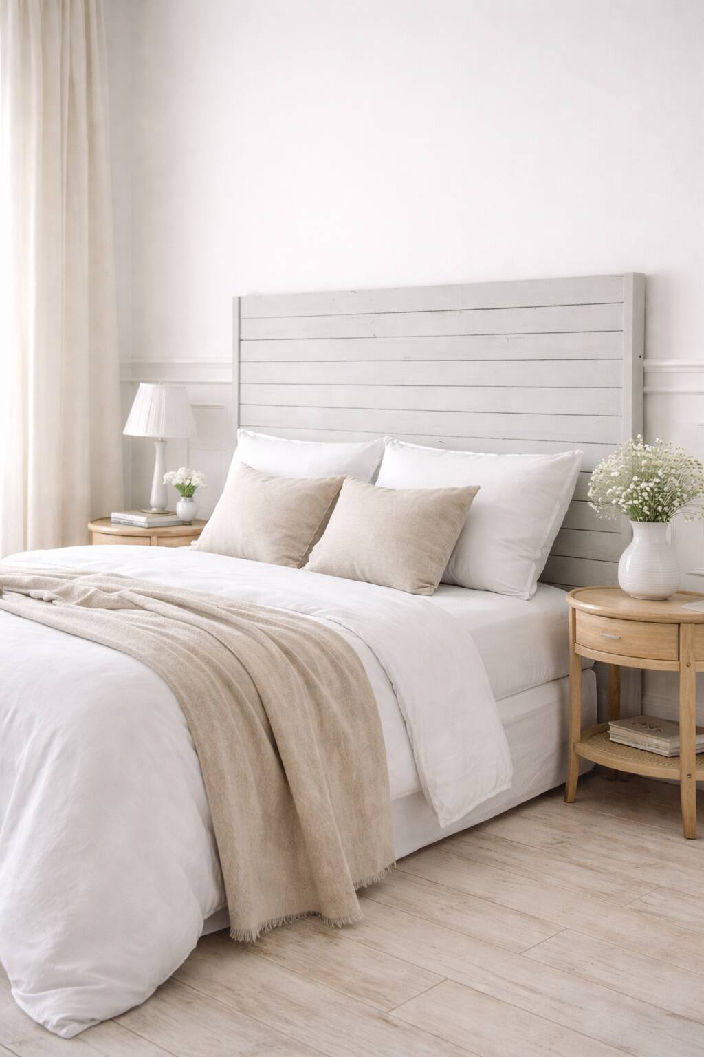 Headboard of 160 made with aged wood in pearl grey patina.