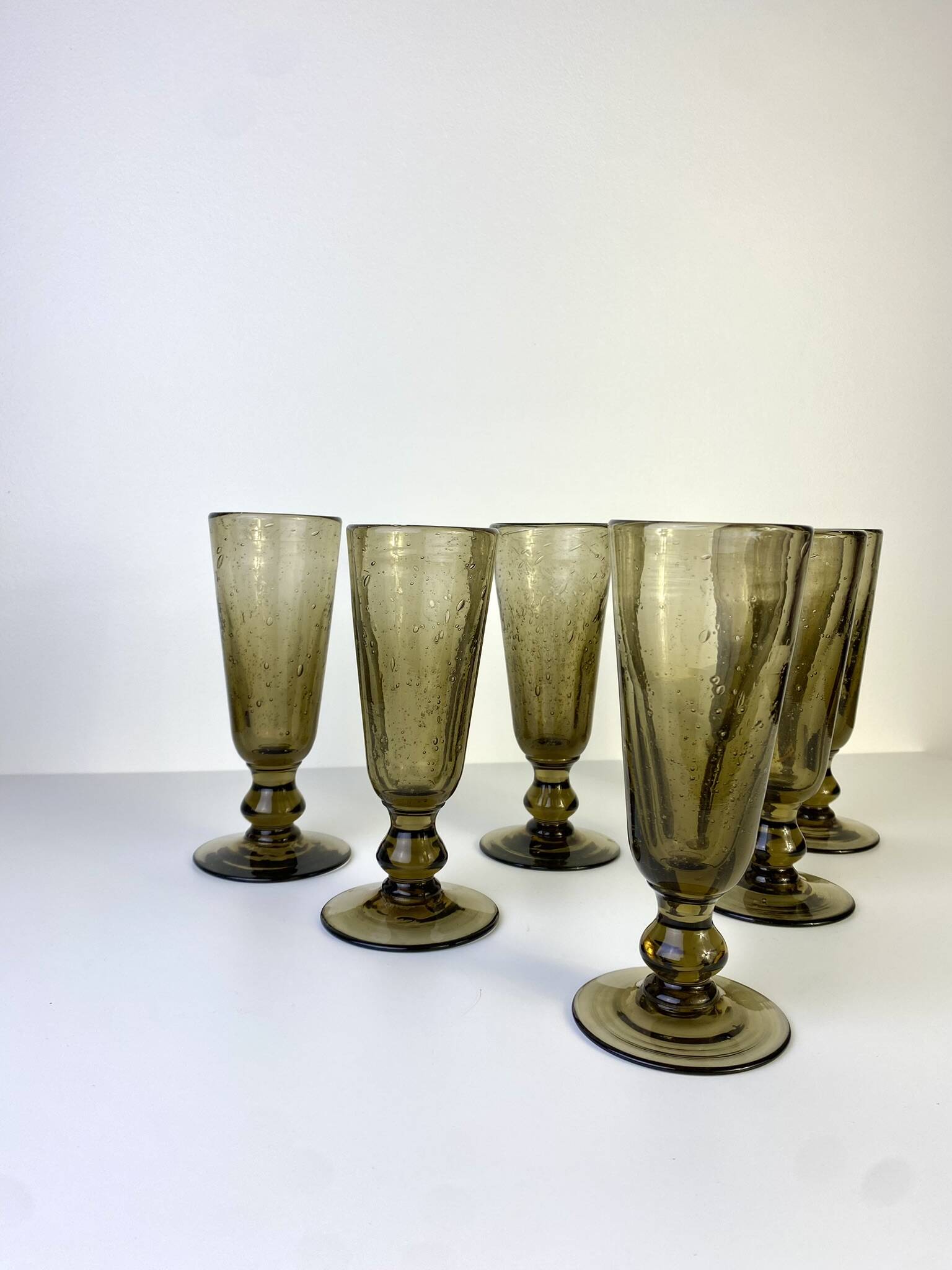 Set of 6 vintage black bubble glass champagne flutes