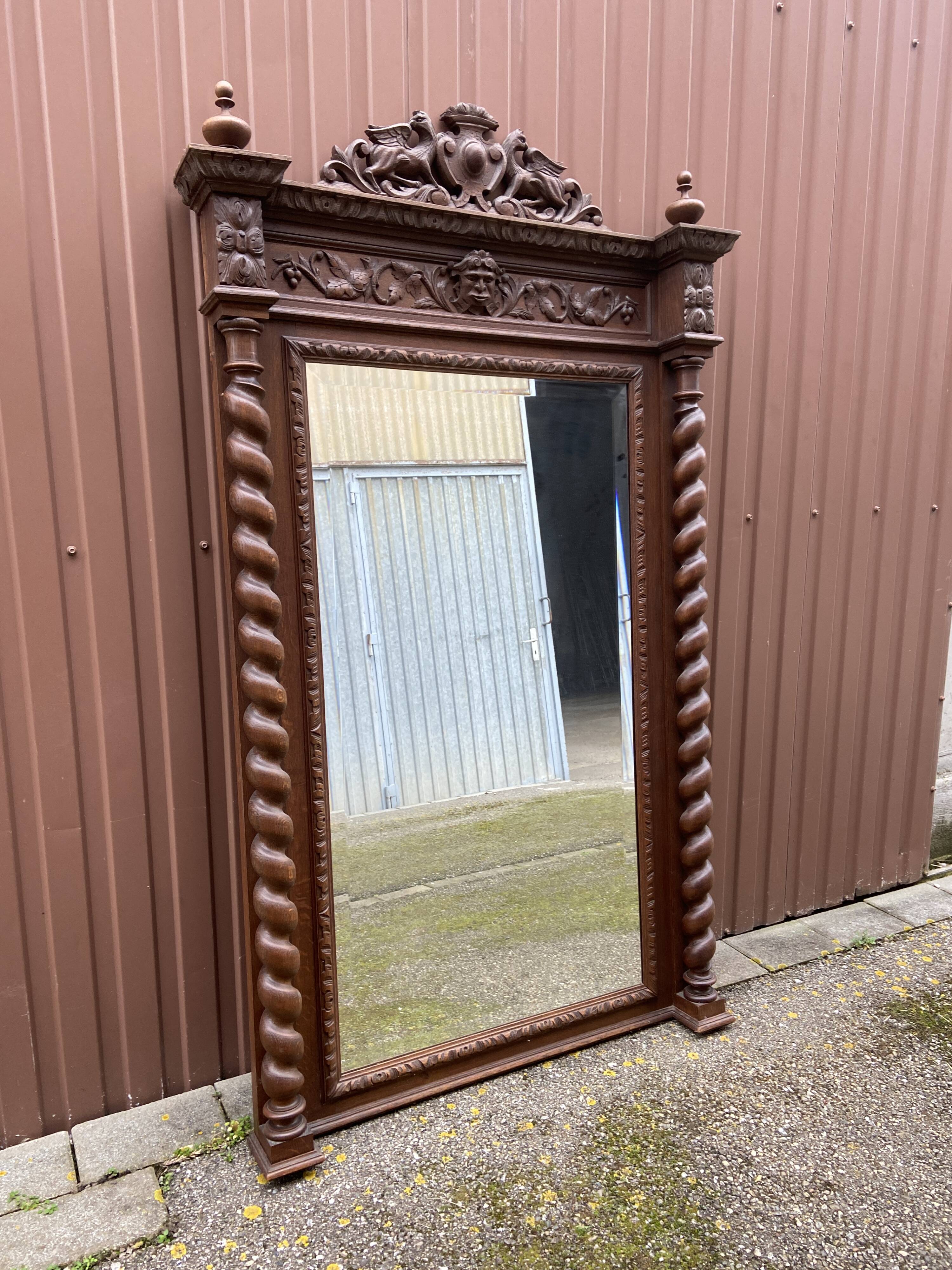 Renaissance style castle hunting mirror Louis XIII carved oak 1880