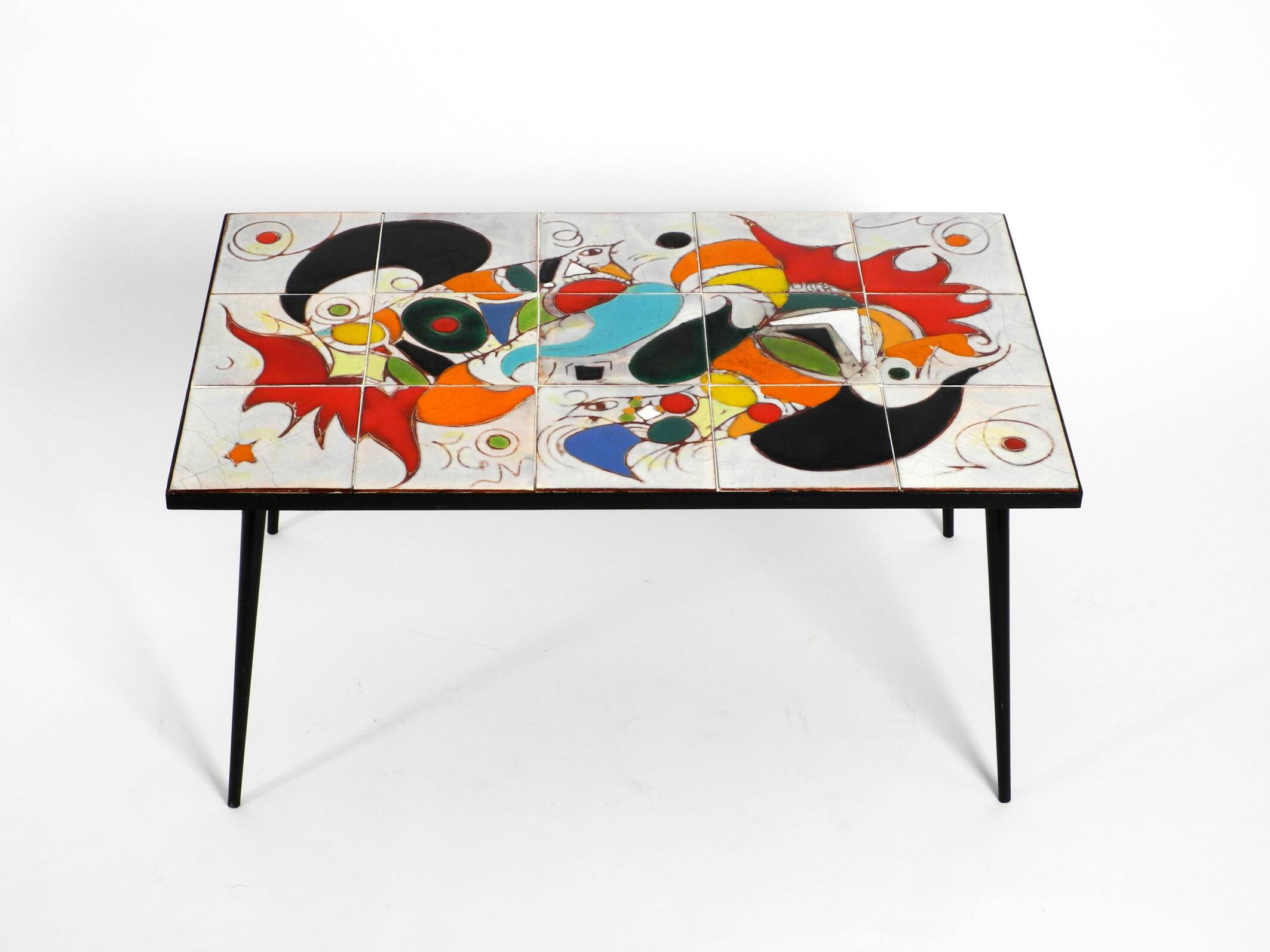 Mid Century Italian Modern Iron Table with Tiled Top and Abstract Motif