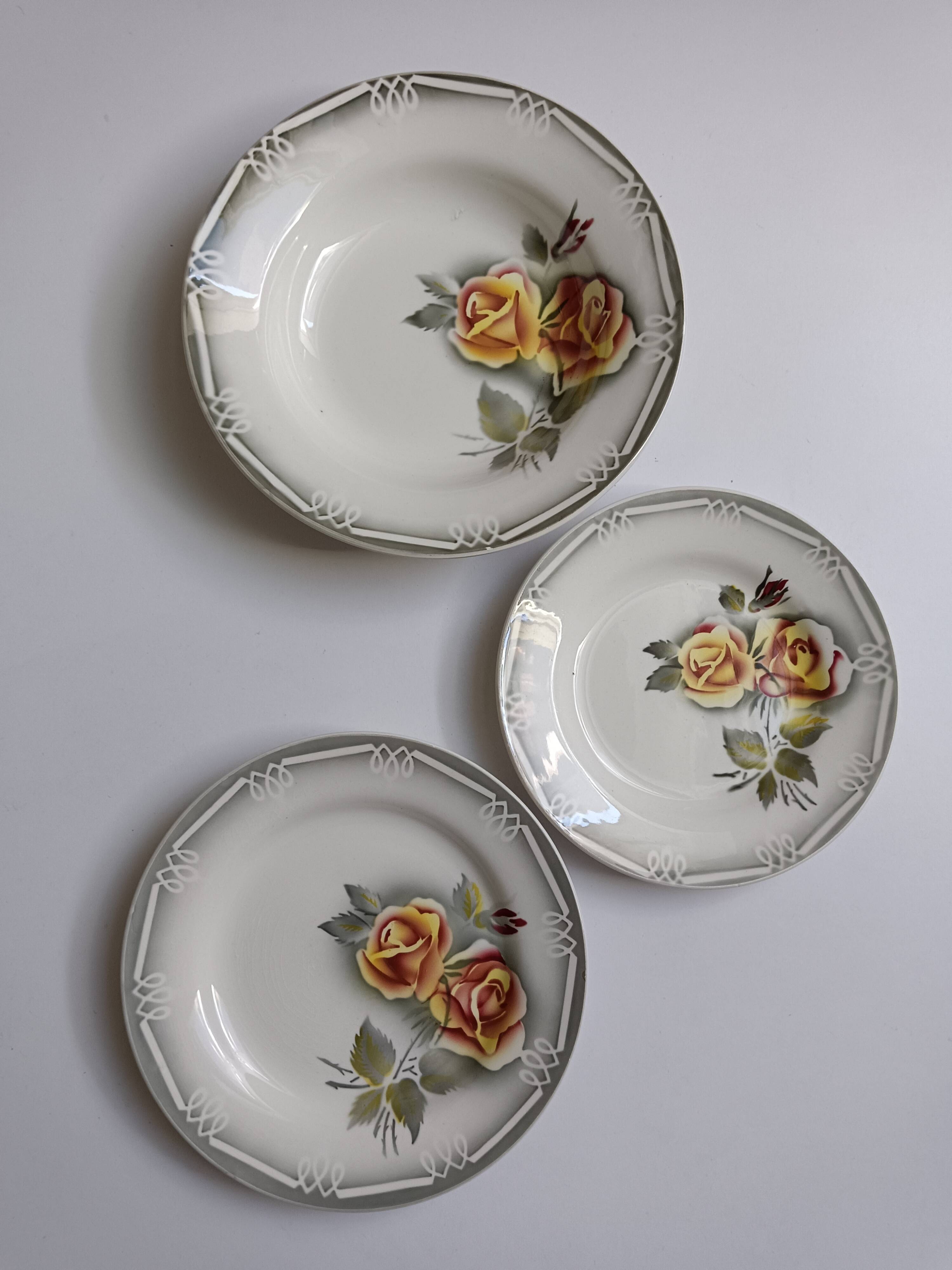 3 assiettes Digoin Sarreguemines Adèle gris jaune et bordeaux
