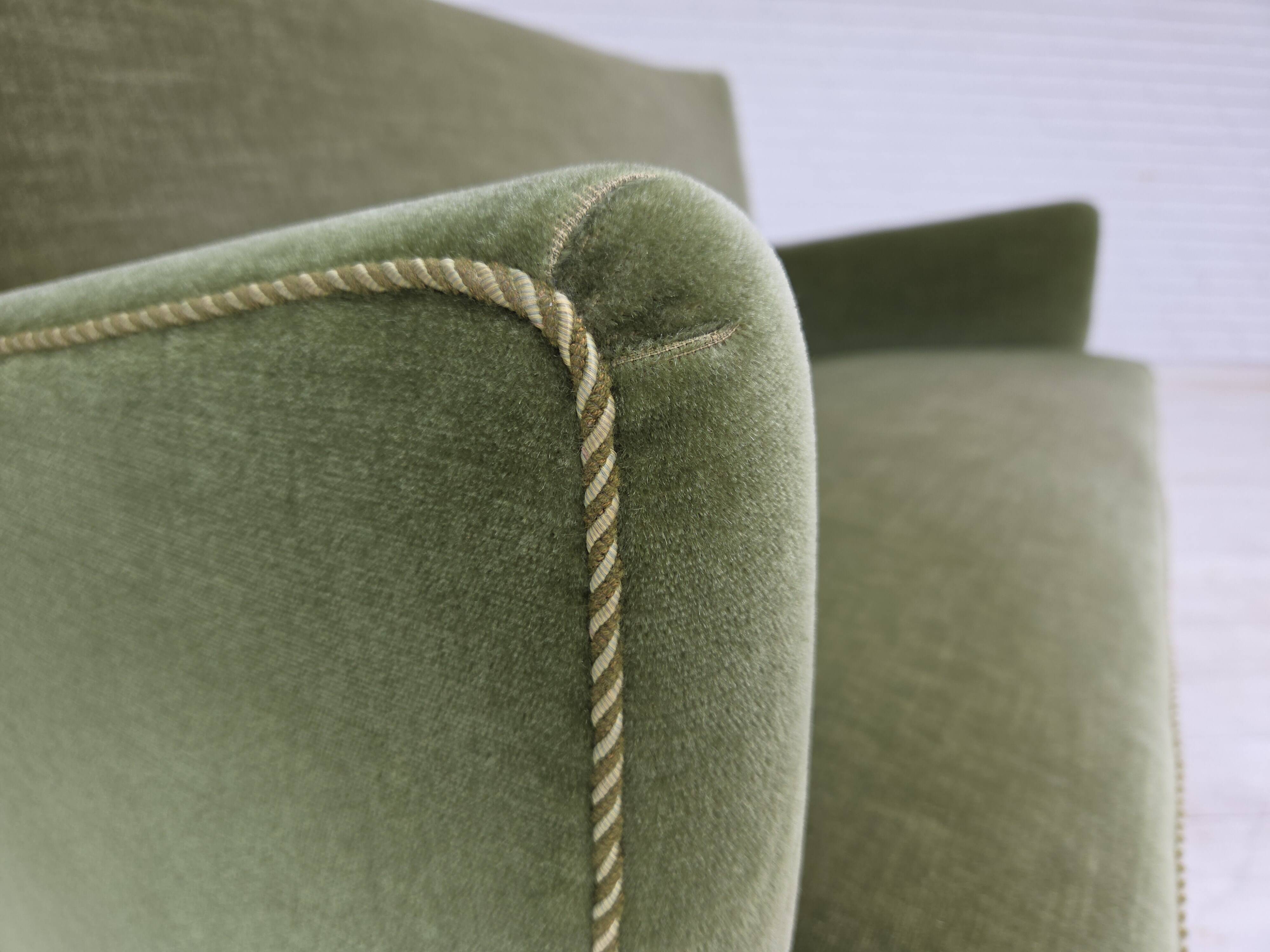 1970s, Danish 2-seater sofa, green furniture velour, beech wood legs.