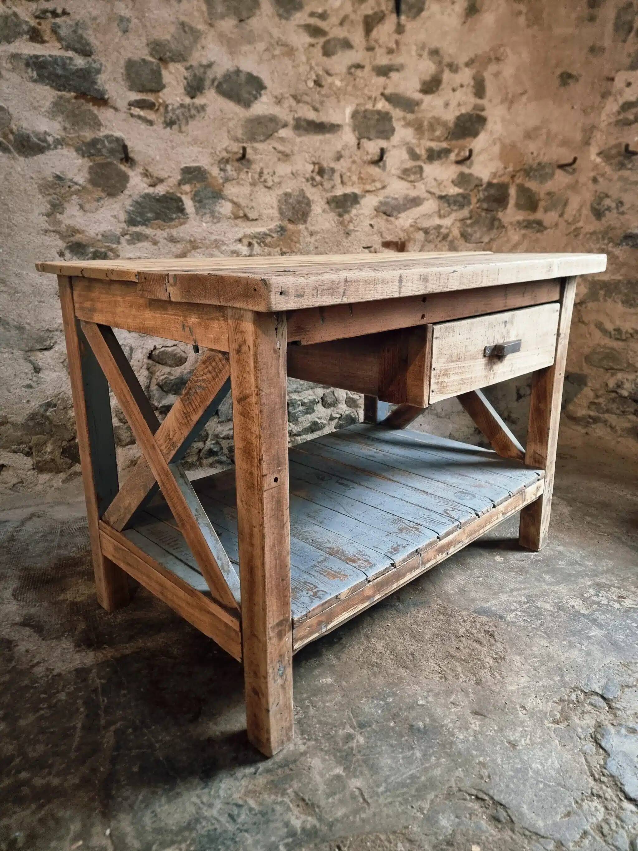 Vintage French industrial workbench – 1920s/1930s oak and pine table with drawer