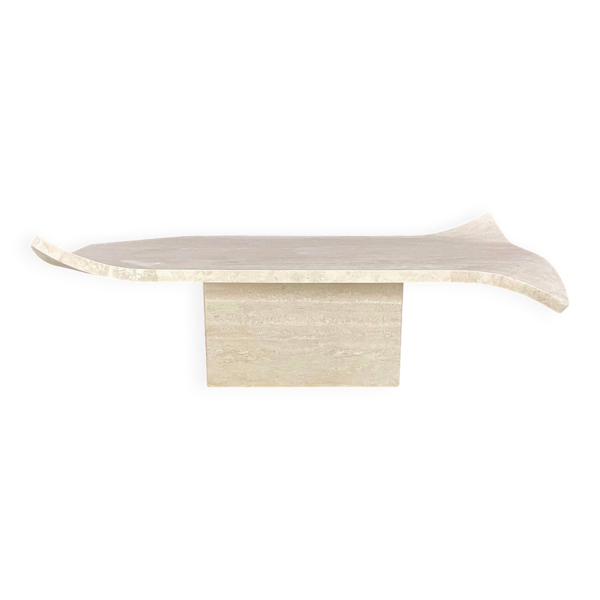 Travertine coffee table with curved corners by Claude Berraldacci. 1990s. France.
