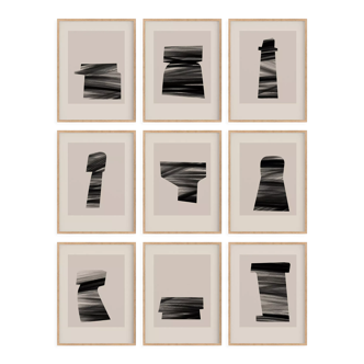 Framed set of 9 abstract giclee prints, A4