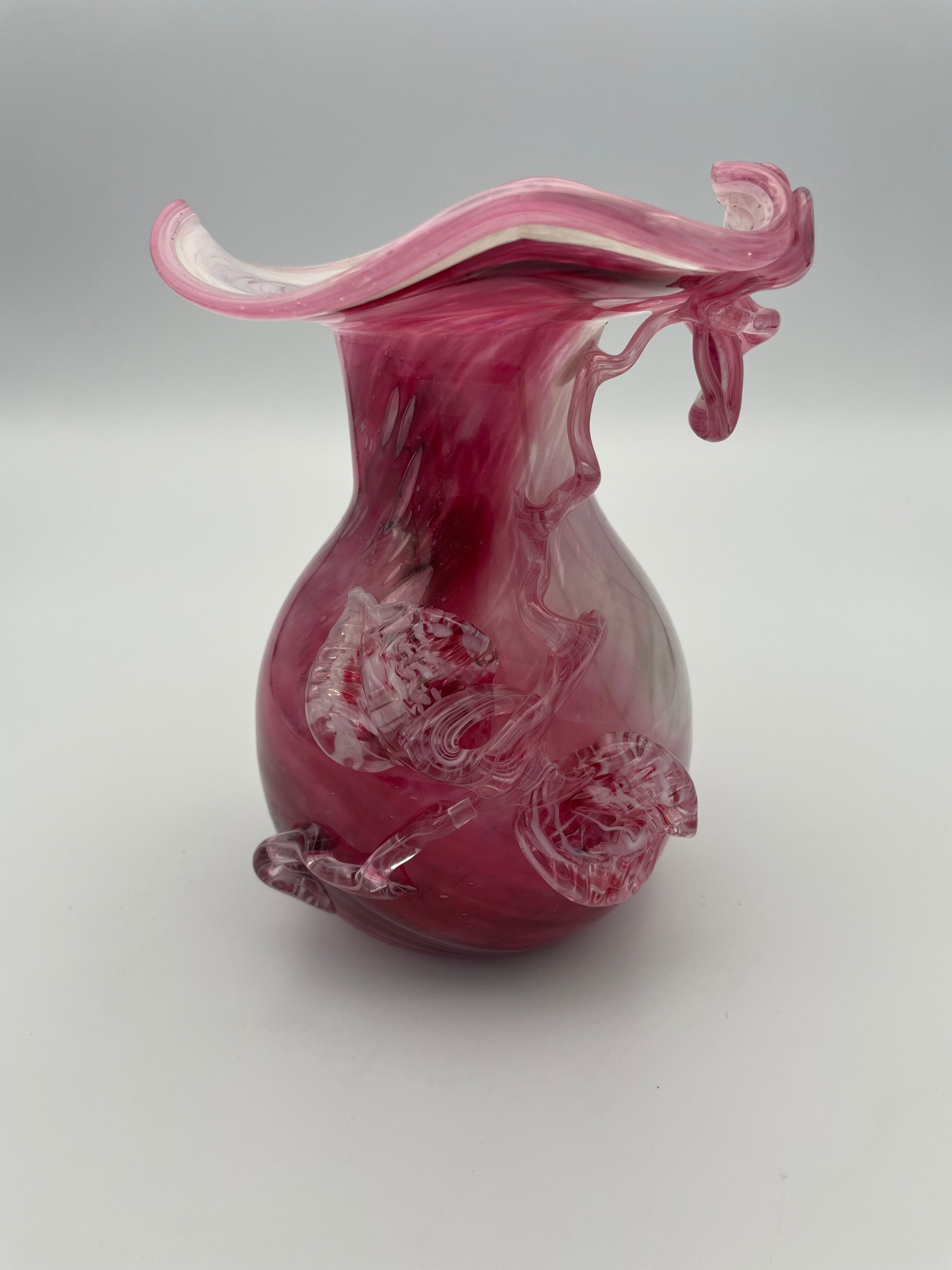 Hand-blown glass vase pink shade with sculptural leaf decor