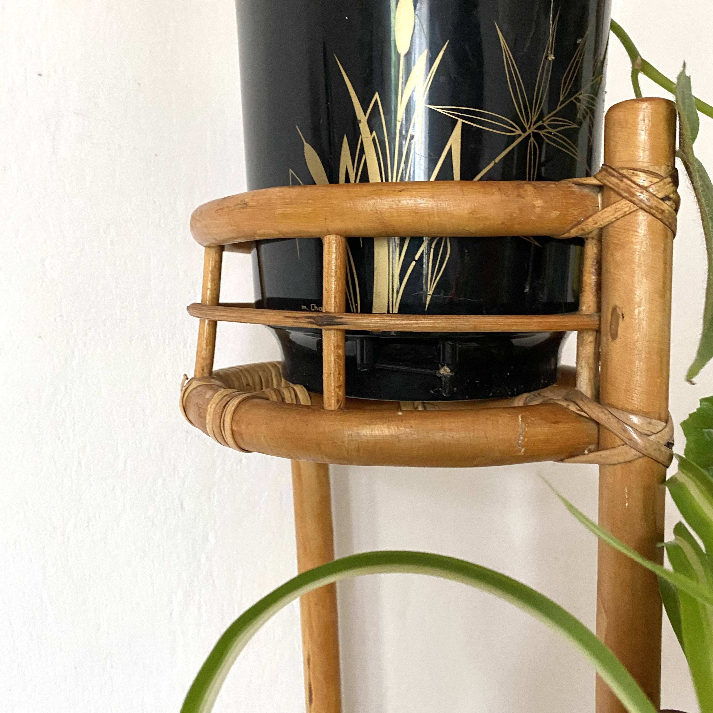 Porte plante vintage en rotin