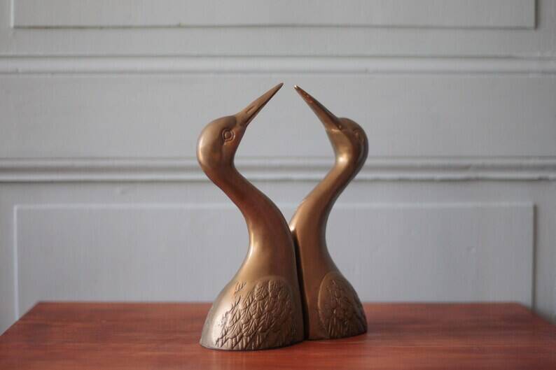 Vintage bookends, animal bookends, heron head, bird, brass sculpture, interior decor.