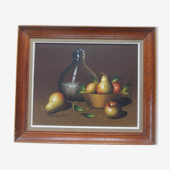 Painting OIL ON CANVAS Still life, BY MAZIA Violet, pears apples kitchen, wooden frame