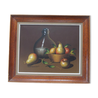 Painting OIL ON CANVAS Still life, BY MAZIA Violet, pears apples kitchen, wooden frame