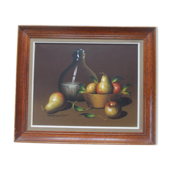 Tableau huile sur toile nature morte de mazia violette poires pommes cuisine, cadre bois