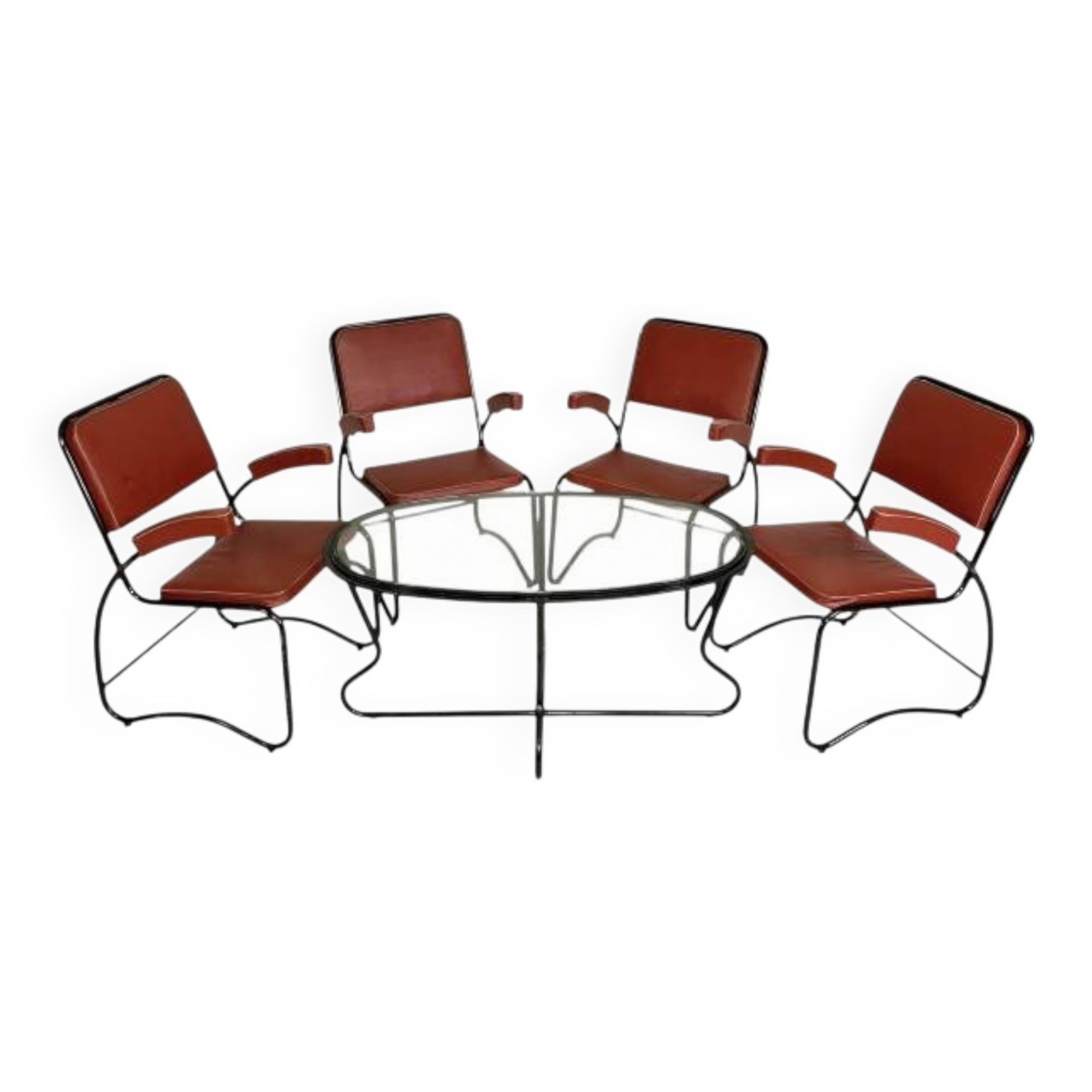 Set of 4 armchairs and a coffee table with tubular structure in Bauhaus style, 1950s.