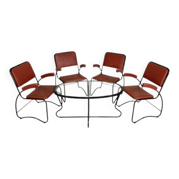 Ensemble de 4 fauteuils et table basse avec structure tubulaire style Bauhaus, années 1950