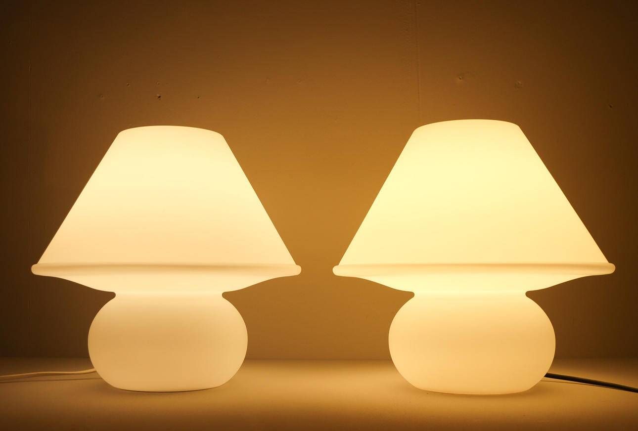 Set of 2 mushroom lamps, opal glass, Glashütte Limburg, Germany, 1970s