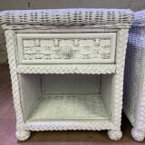 Pair of white lacquered rattan bedside tables