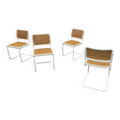 4 chaises Cesca blanches à cantilever modèle B32 par Marcel Breuer / Bauhaus années 1970 / fabriquées en Italie