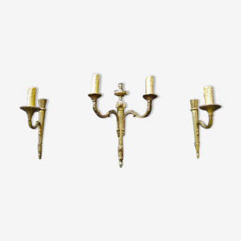 Set of 3 french empire bronze wall lights sconces fittings 1 twin arm and 2 singles in vintage loved