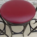 4 professional bistro stools with burgundy red imitation top in solid curved wood in the
