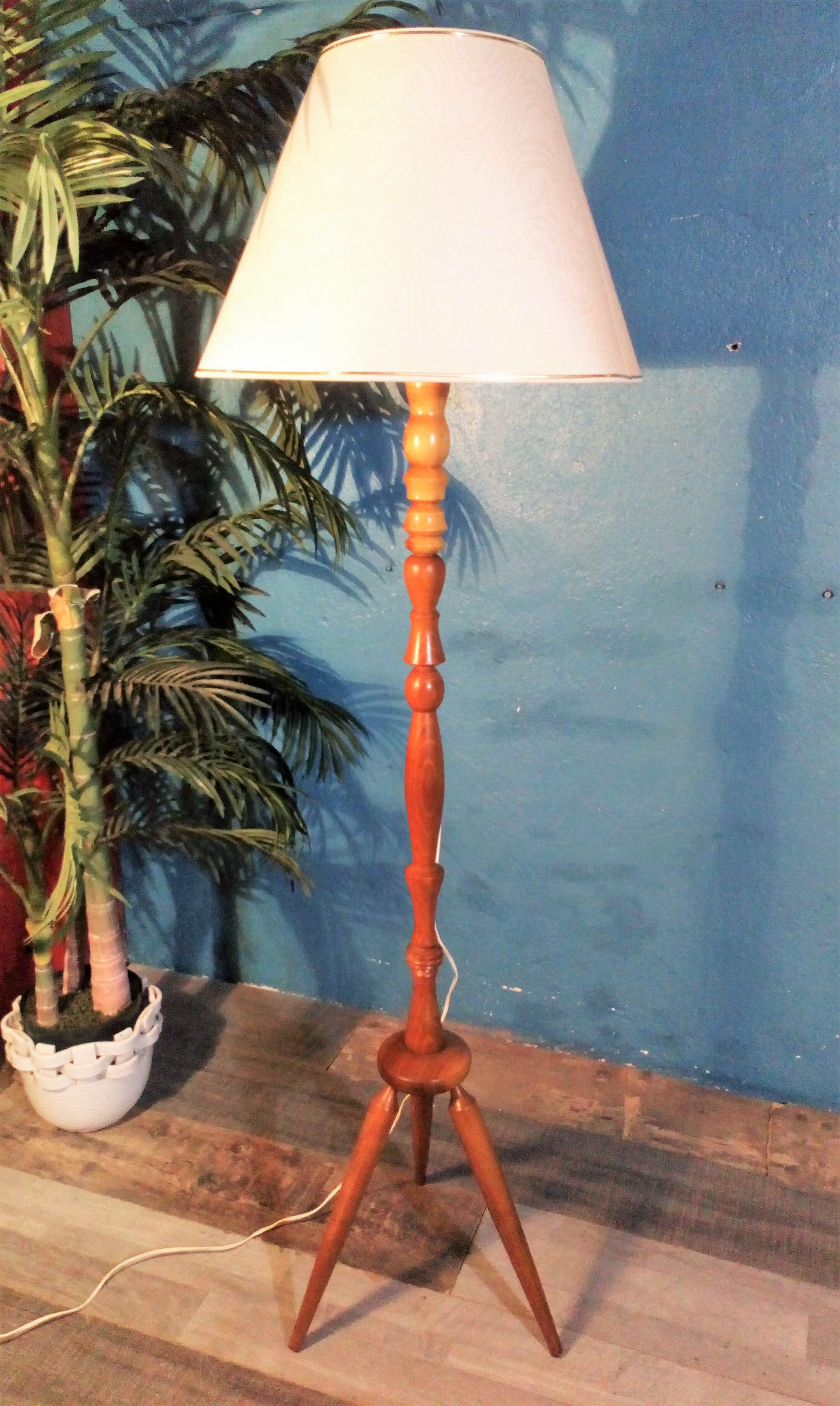 Triplet turned wood floor lamp 1950s