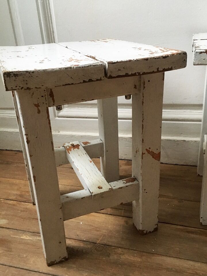 Stools, patinated wooden bedside tables