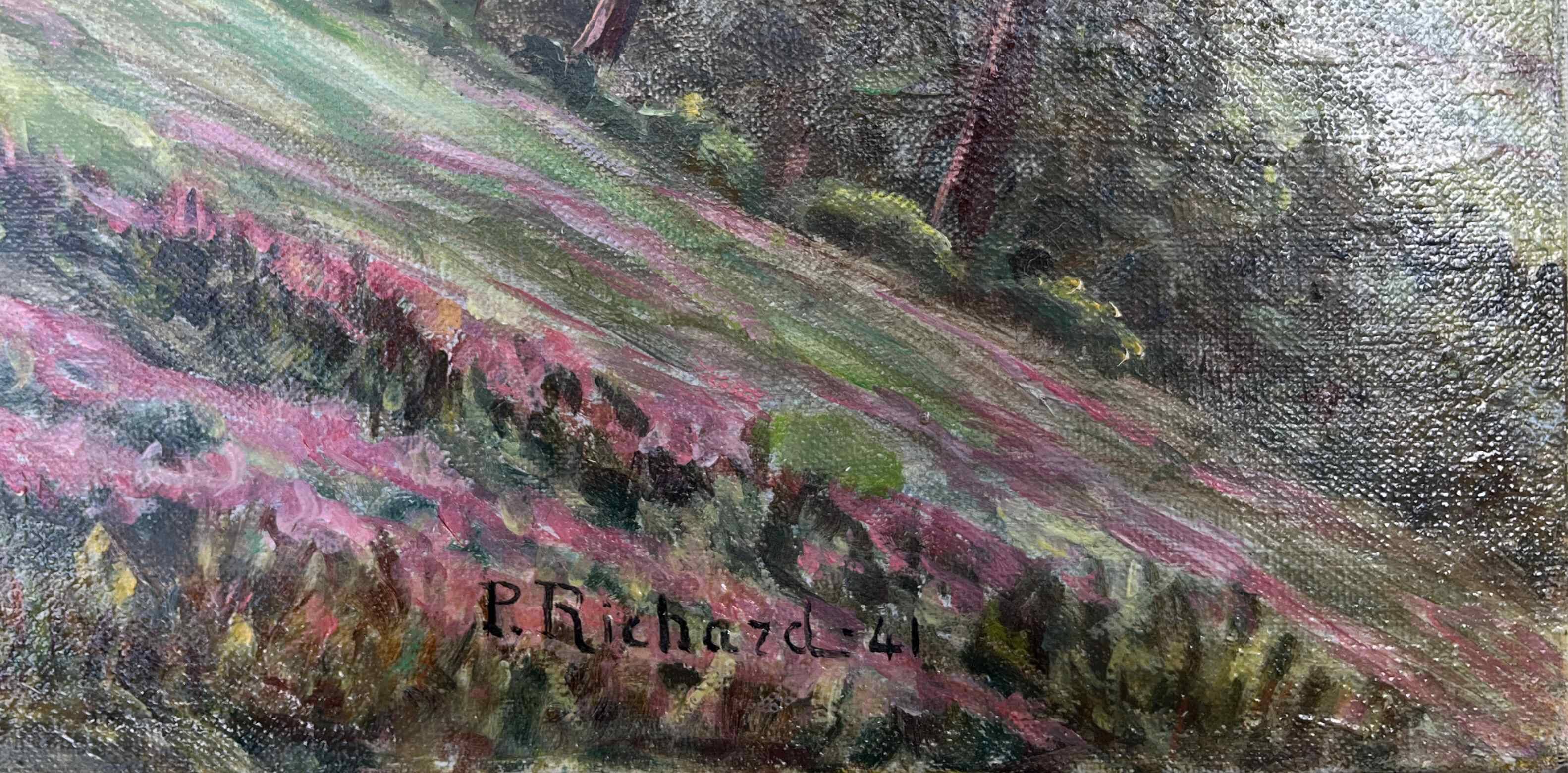 Large HST painting "Animated landscape" Dauphiné Creuse (?) signed P. Richard 1941