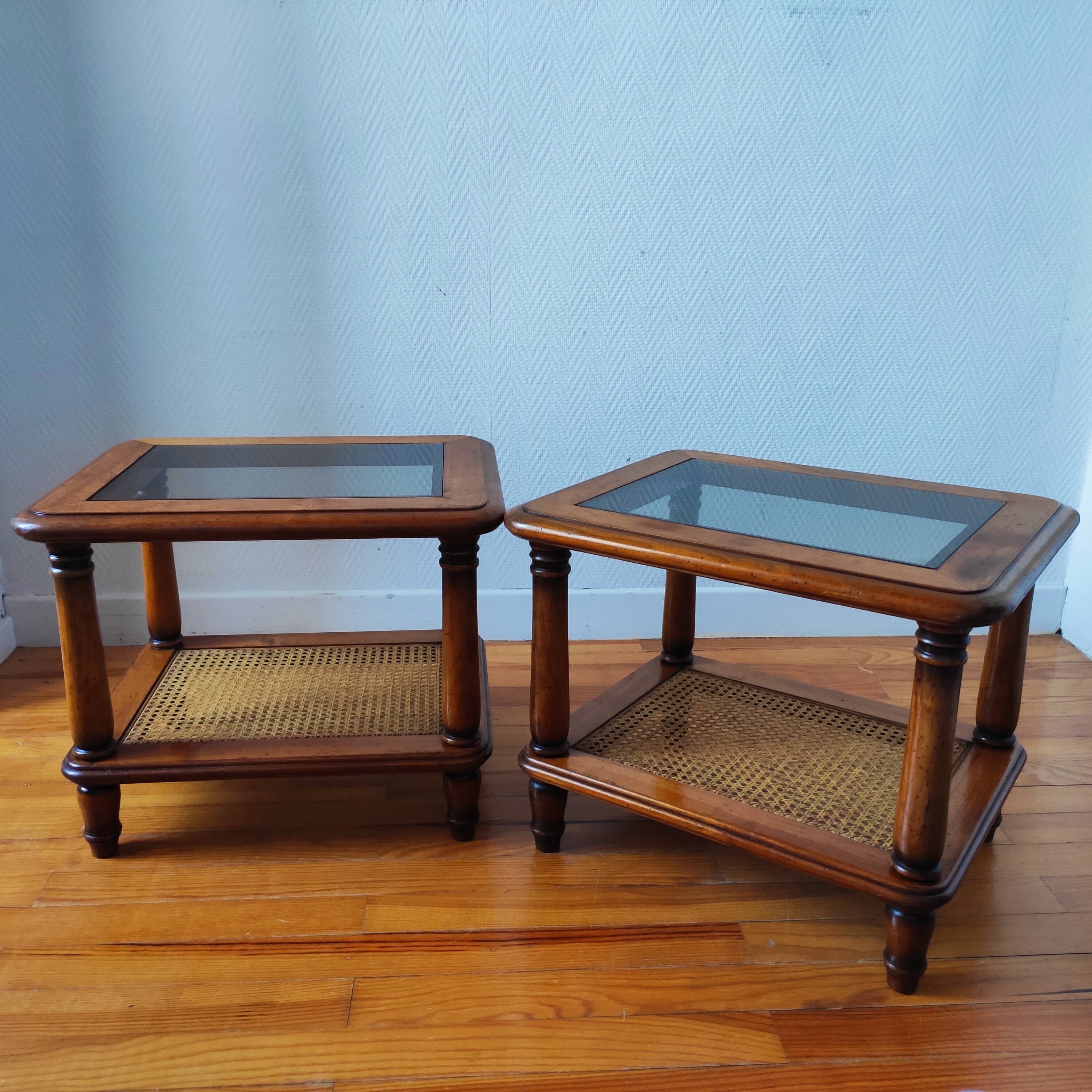 Pair of wooden and cane sofa ends