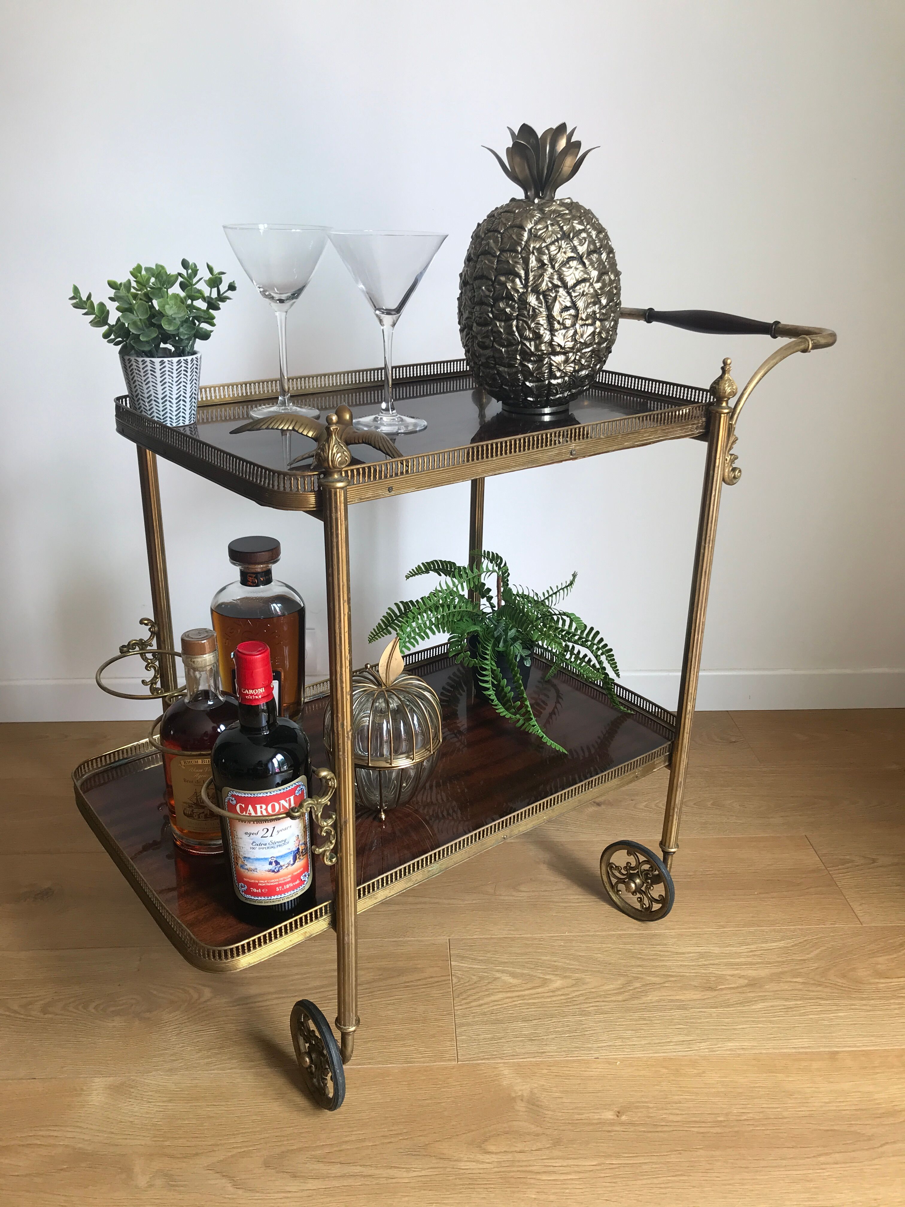Service bar with vintage wheels in formica and brass 60s