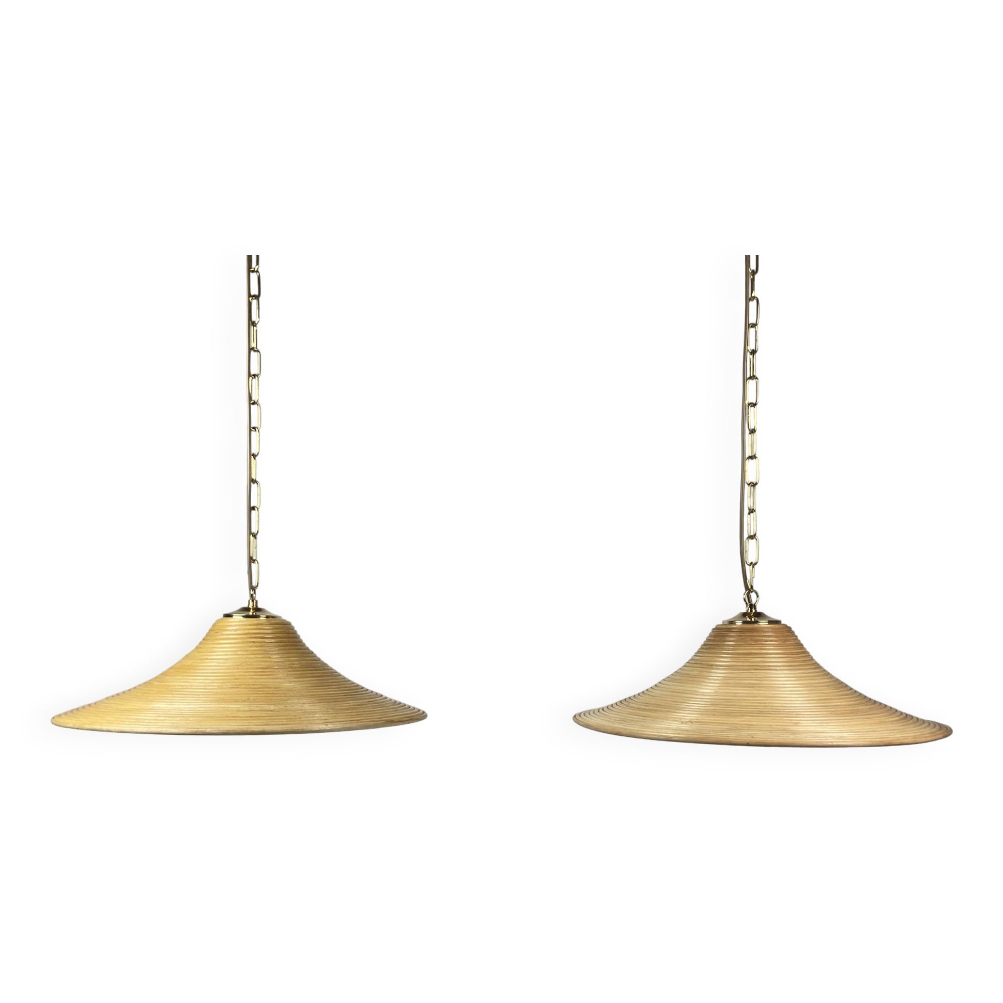 Pencil Reed Rattan Bamboo Hanging Pendant Lamps, Italy, 1970s, Set of 2