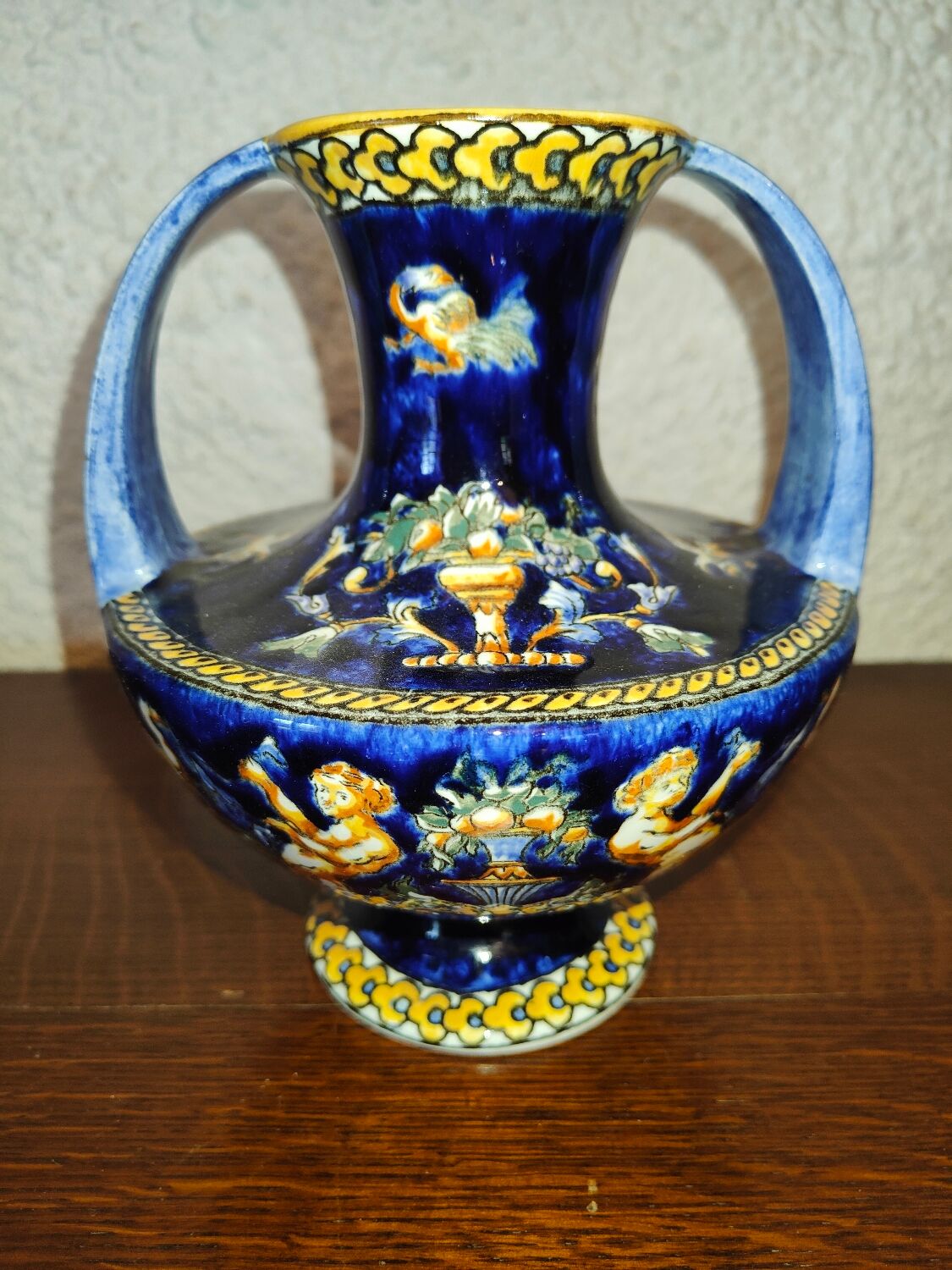 Vase with 2 polychrome handles in Gien earthenware France with Renaissance decoration 1938