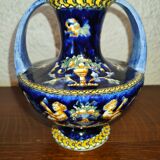 Vase with 2 polychrome handles in Gien earthenware France with Renaissance decoration 1938