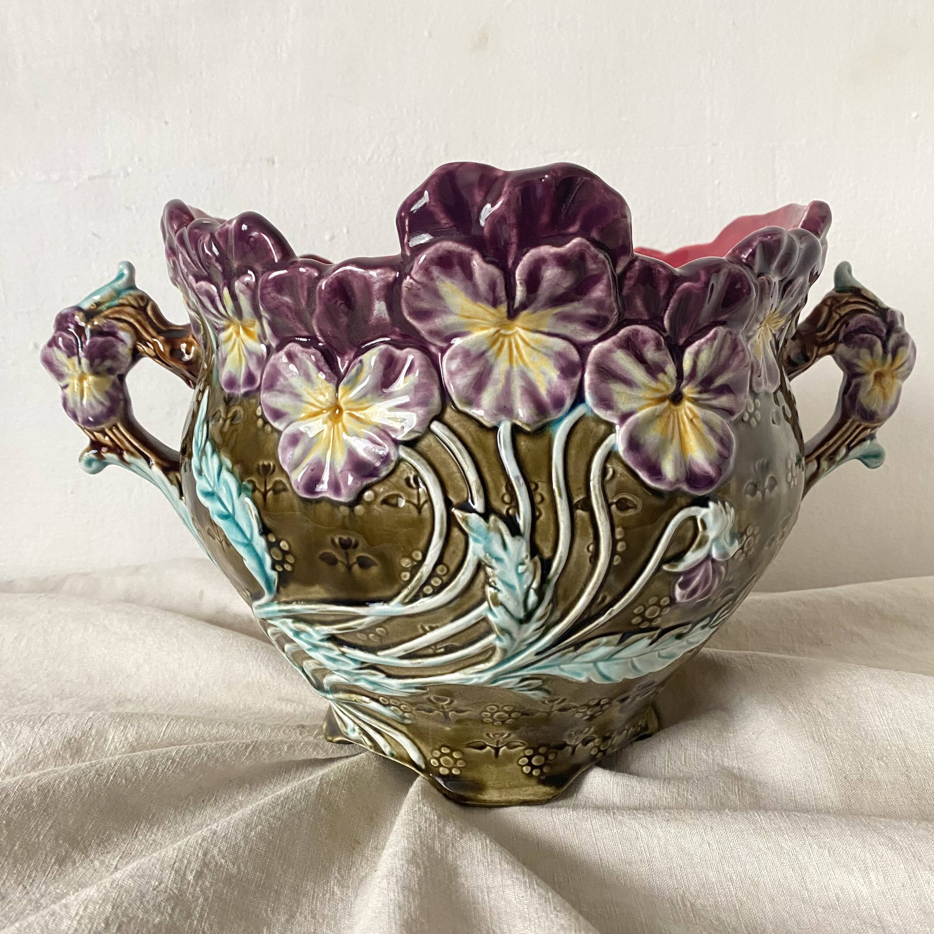 Art Nouveau earthenware cachepot, Onnaing pansies
