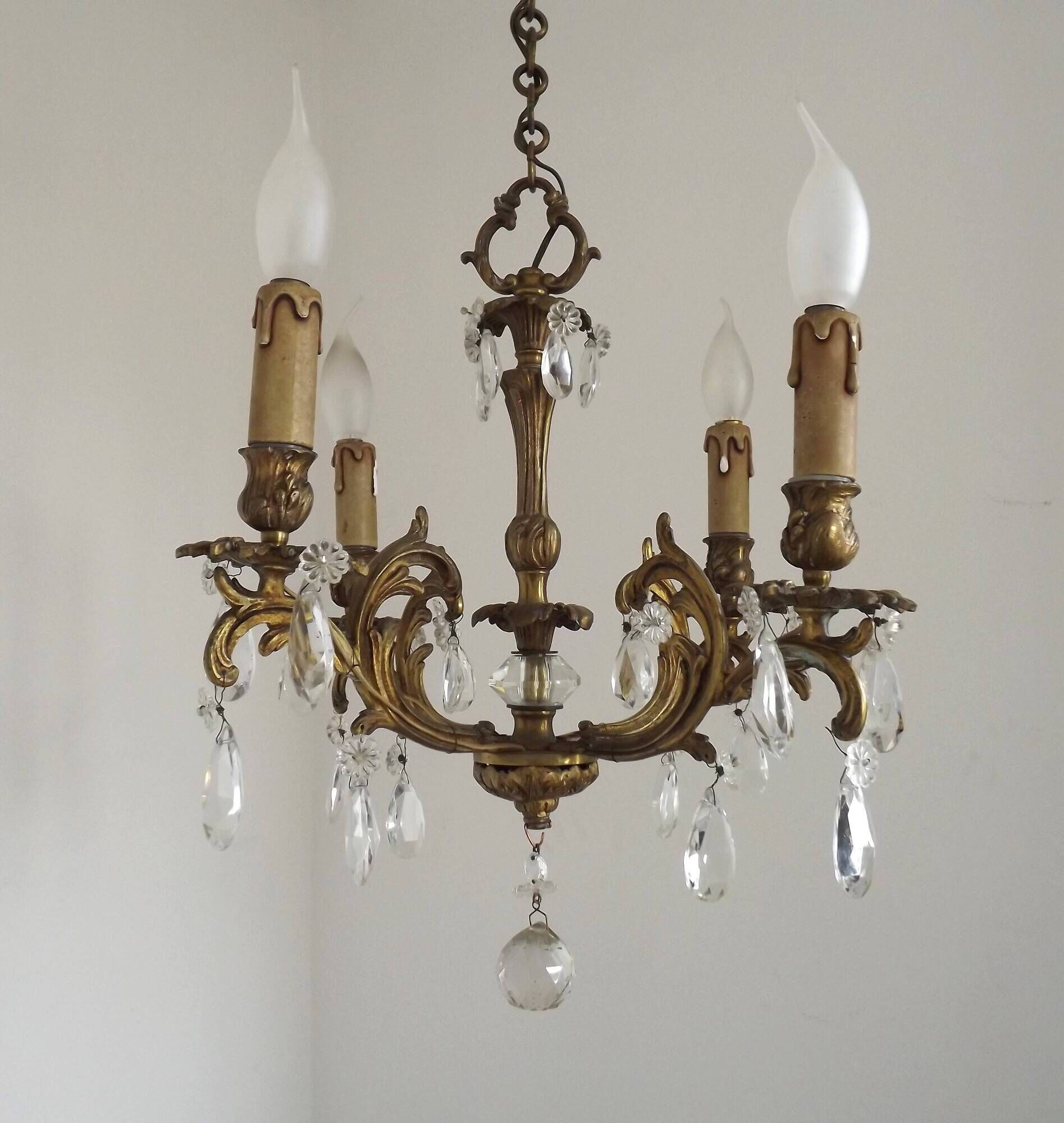 French Vintage Bronze and Glass 4 Light Art Nouveau Crystal Chandelier