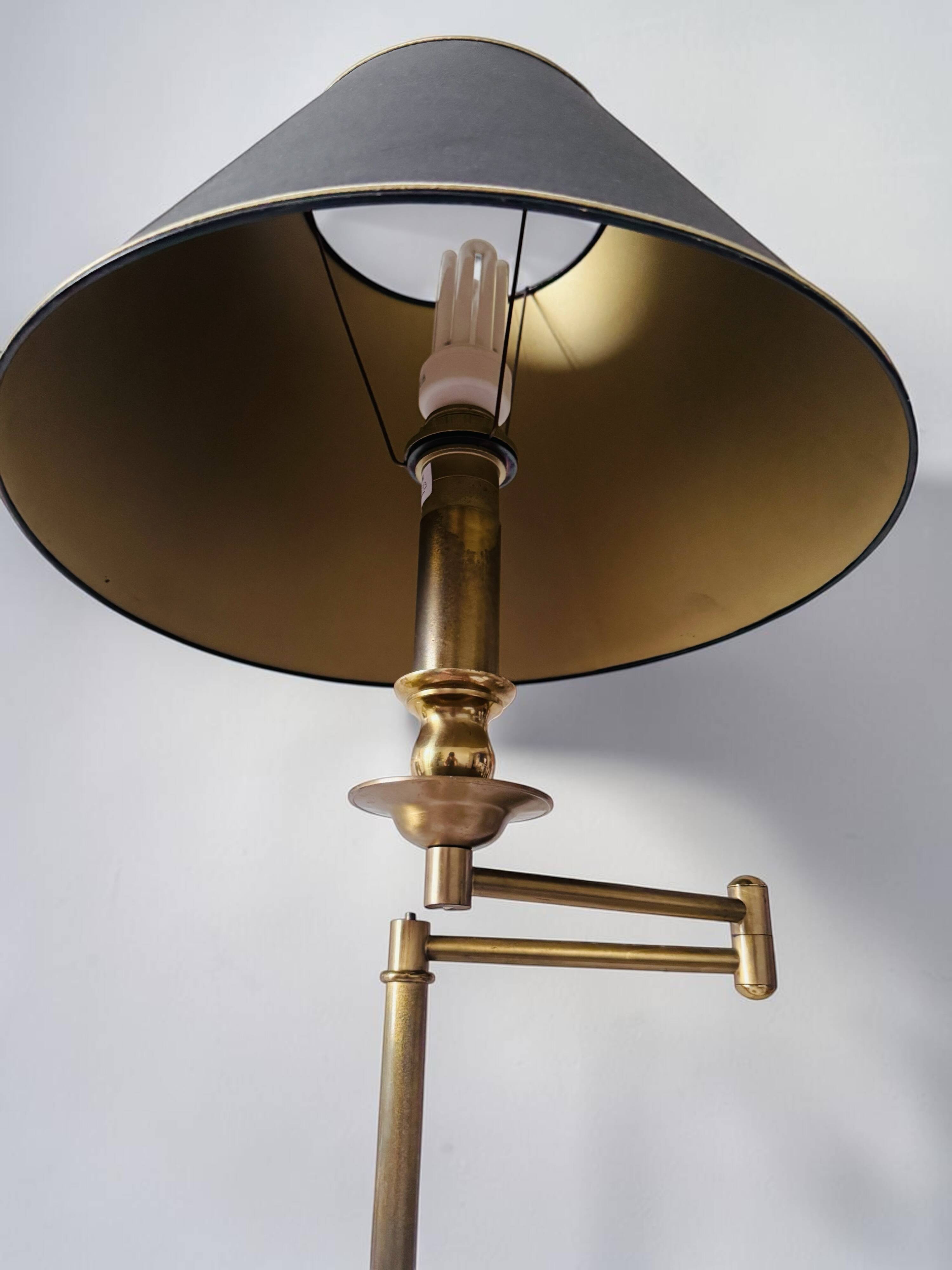 Brass reading floor lamp, adjustable arm, vintage anthracite shade.