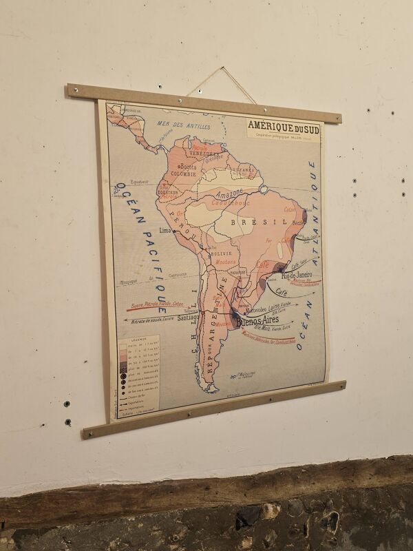 Carte de géographie ancienne / carte d'école Amérique du Sud Amérique du No