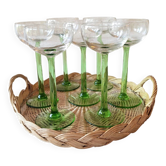 Lot of 7 champagne glasses from the 1970s and a vintage wicker and glass tray.
