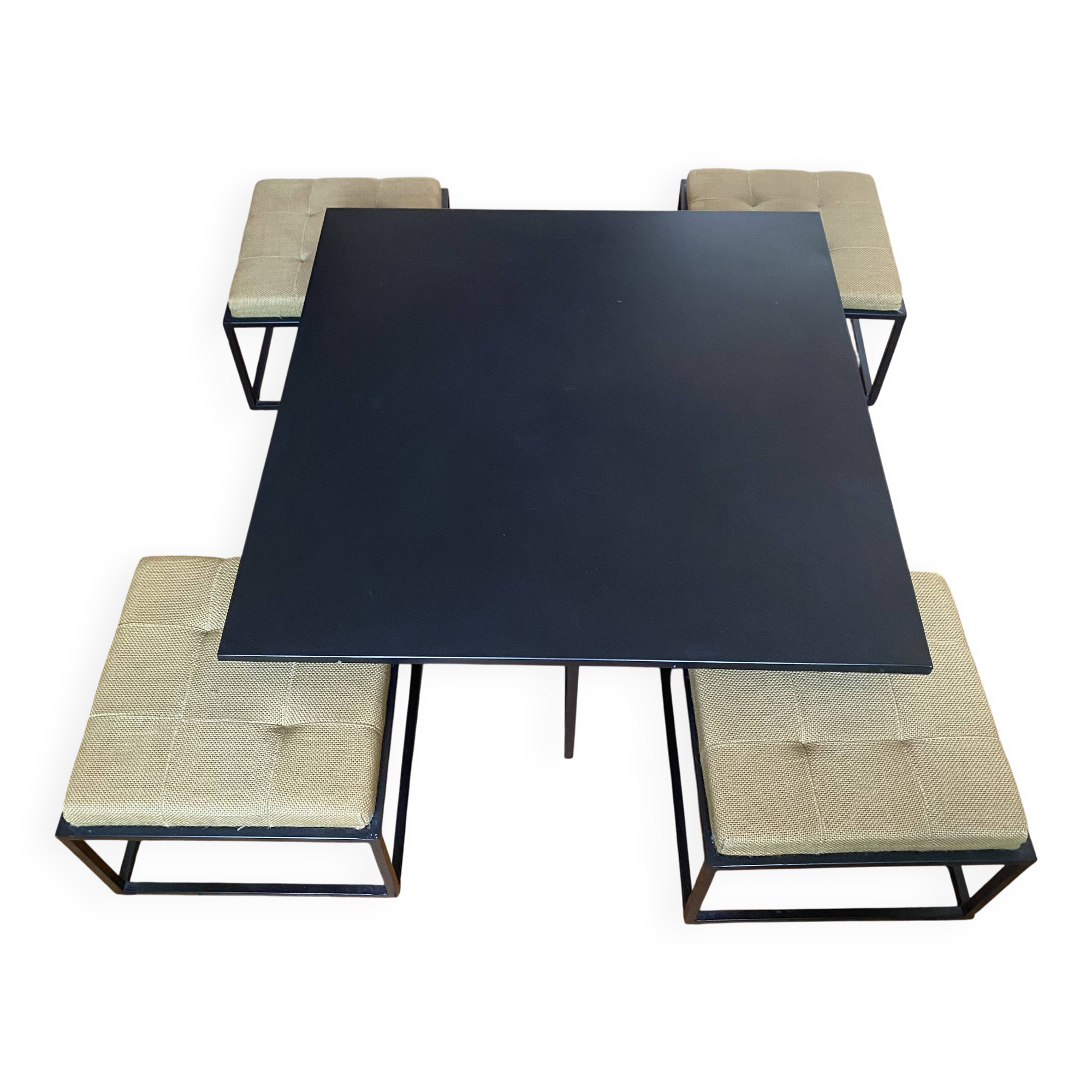 Mat black metal coffee table and 4 stackable stools.