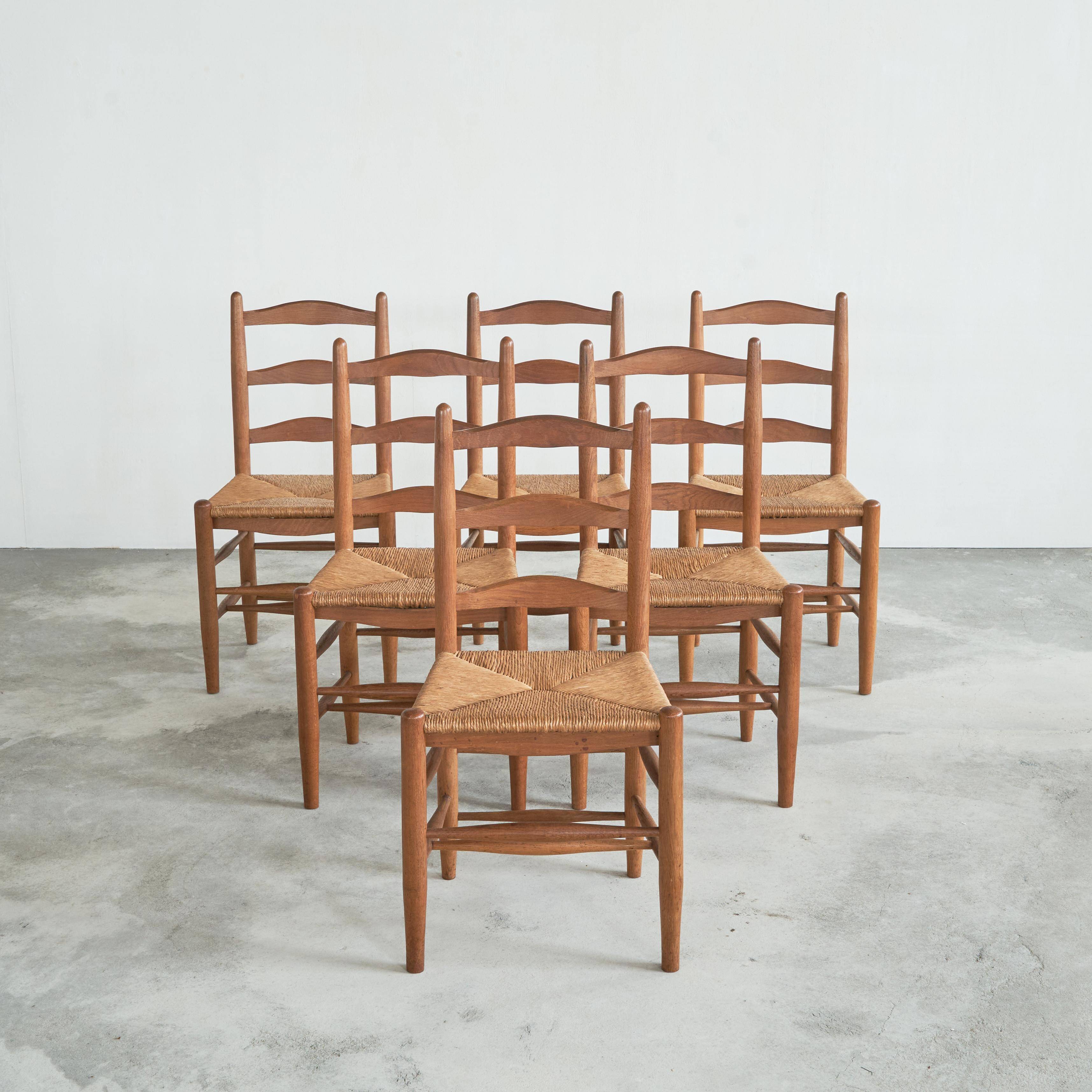 6 solid oak and woven bamboo chairs, mid-century, 1950s