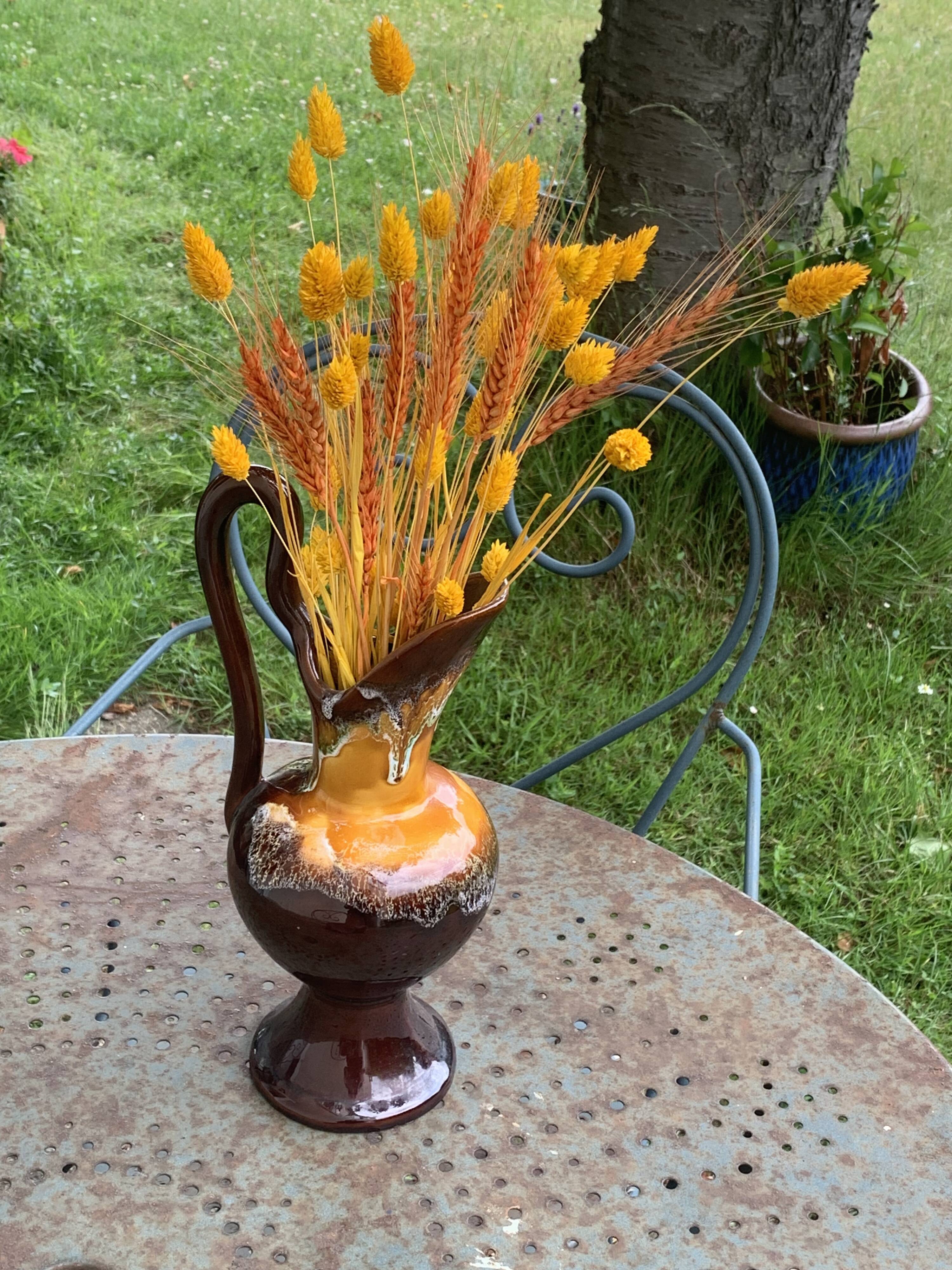 Carafe with handle, jug, vase in Vallauris style enamelled ceramic