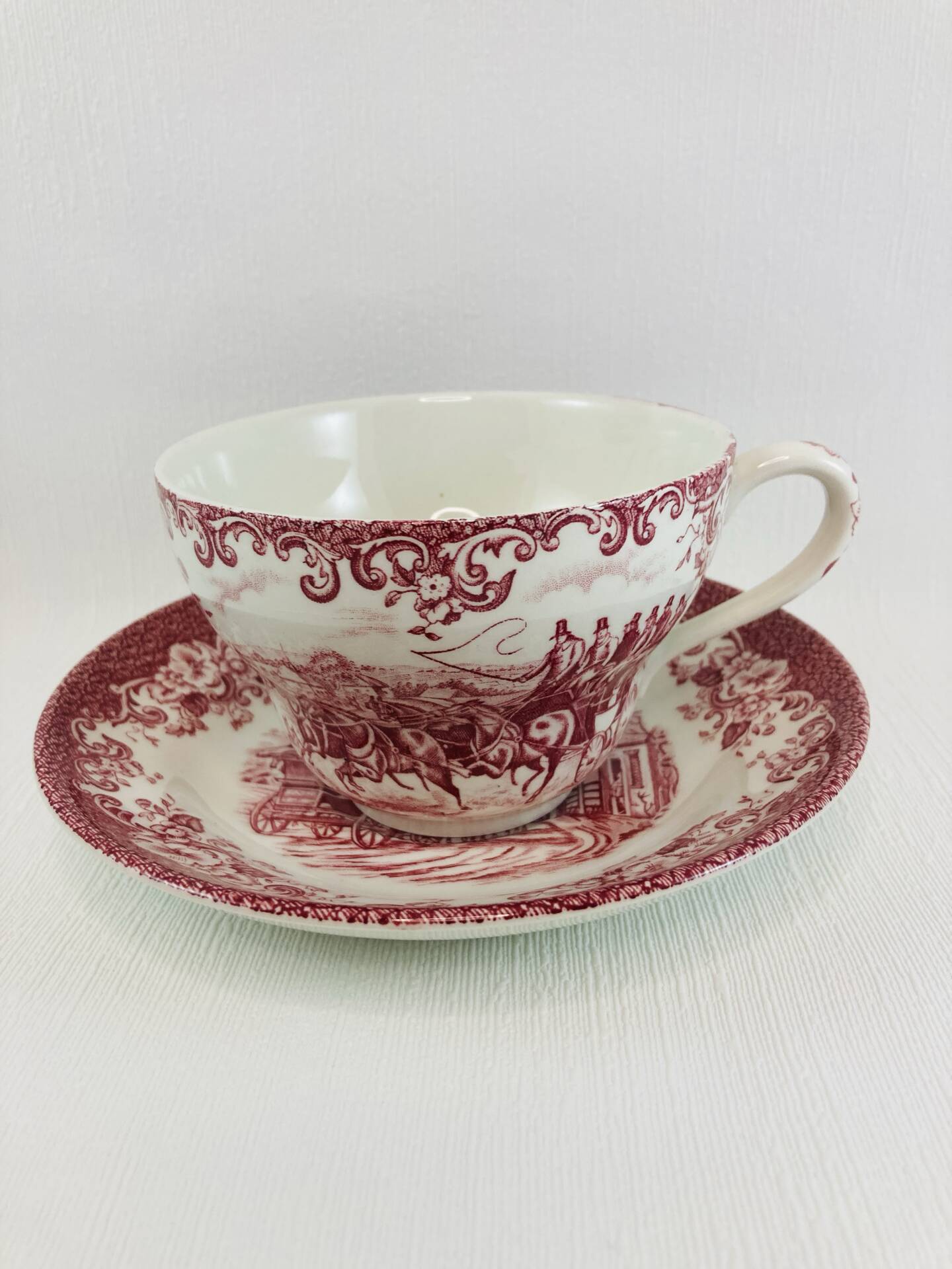 Breakfast Cup and Saucer Coaching Scenes Red by Johnson Bros