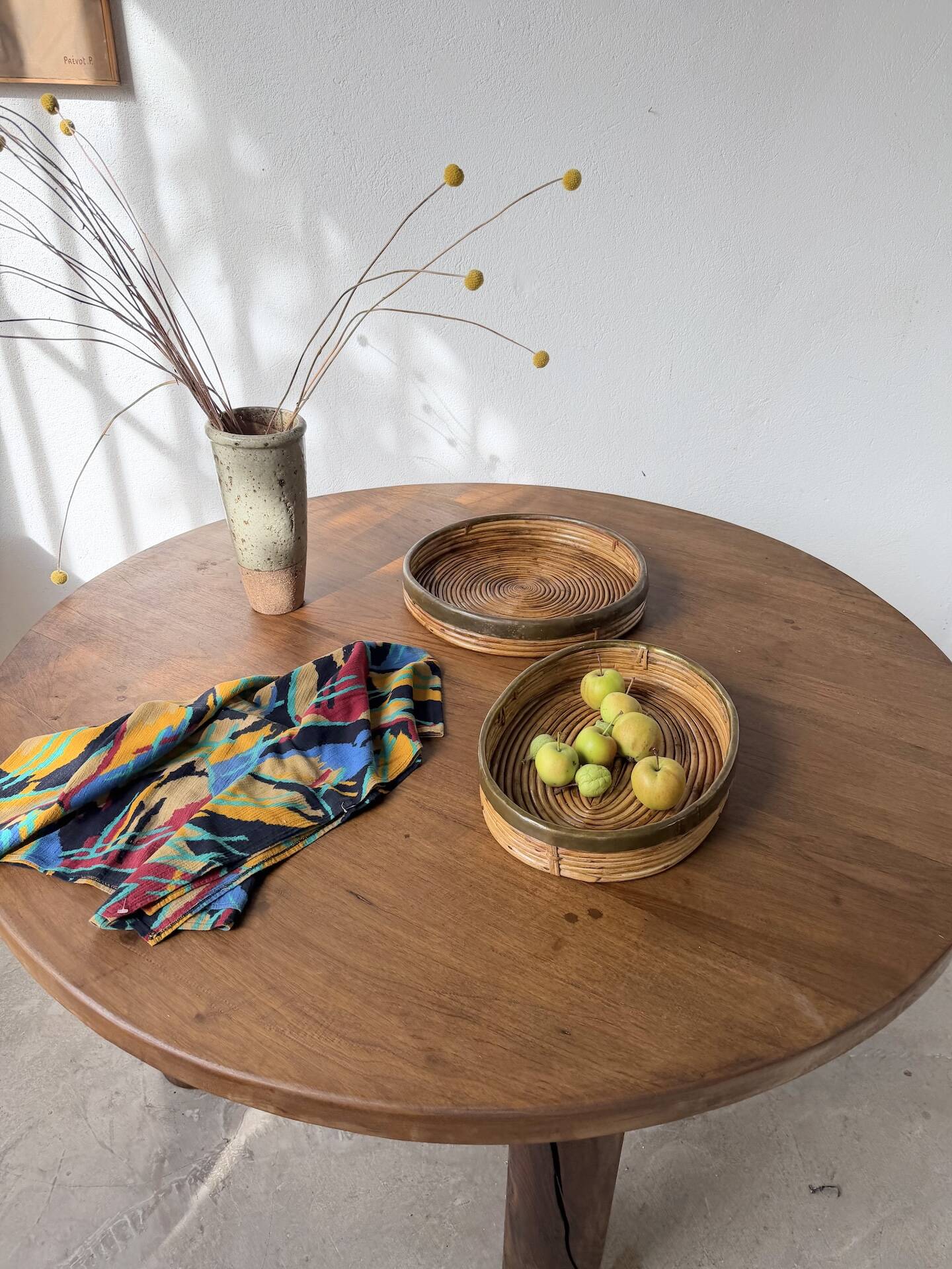 Round rattan and brass trays 1970 by Gabriella Crespi