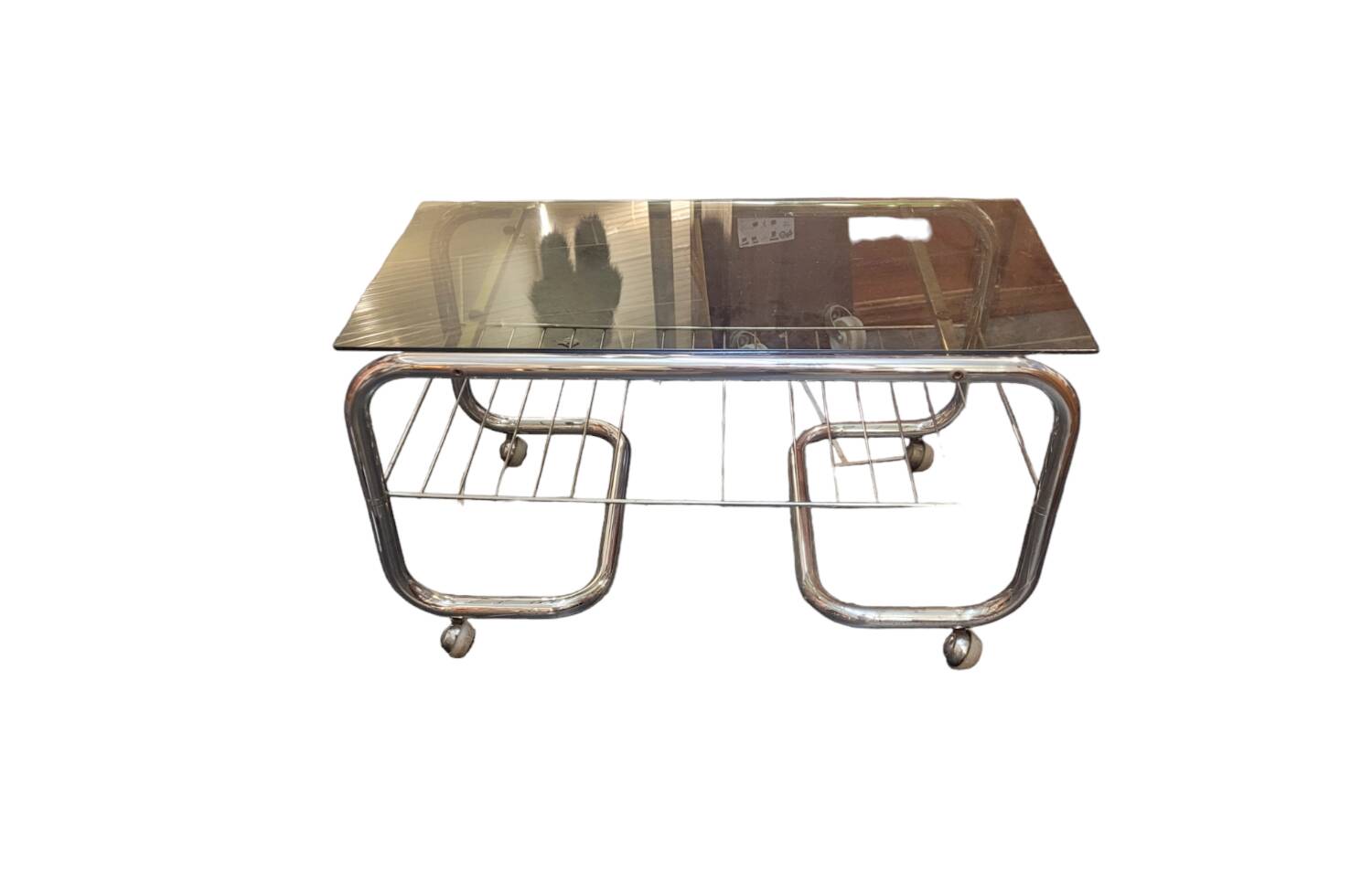 Coffee table with chrome base and smoked glass from the 70s